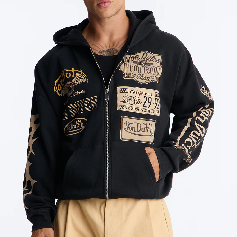 Von Dutch Embroidery Patches Oversized Zip Hoodie – Black Wash