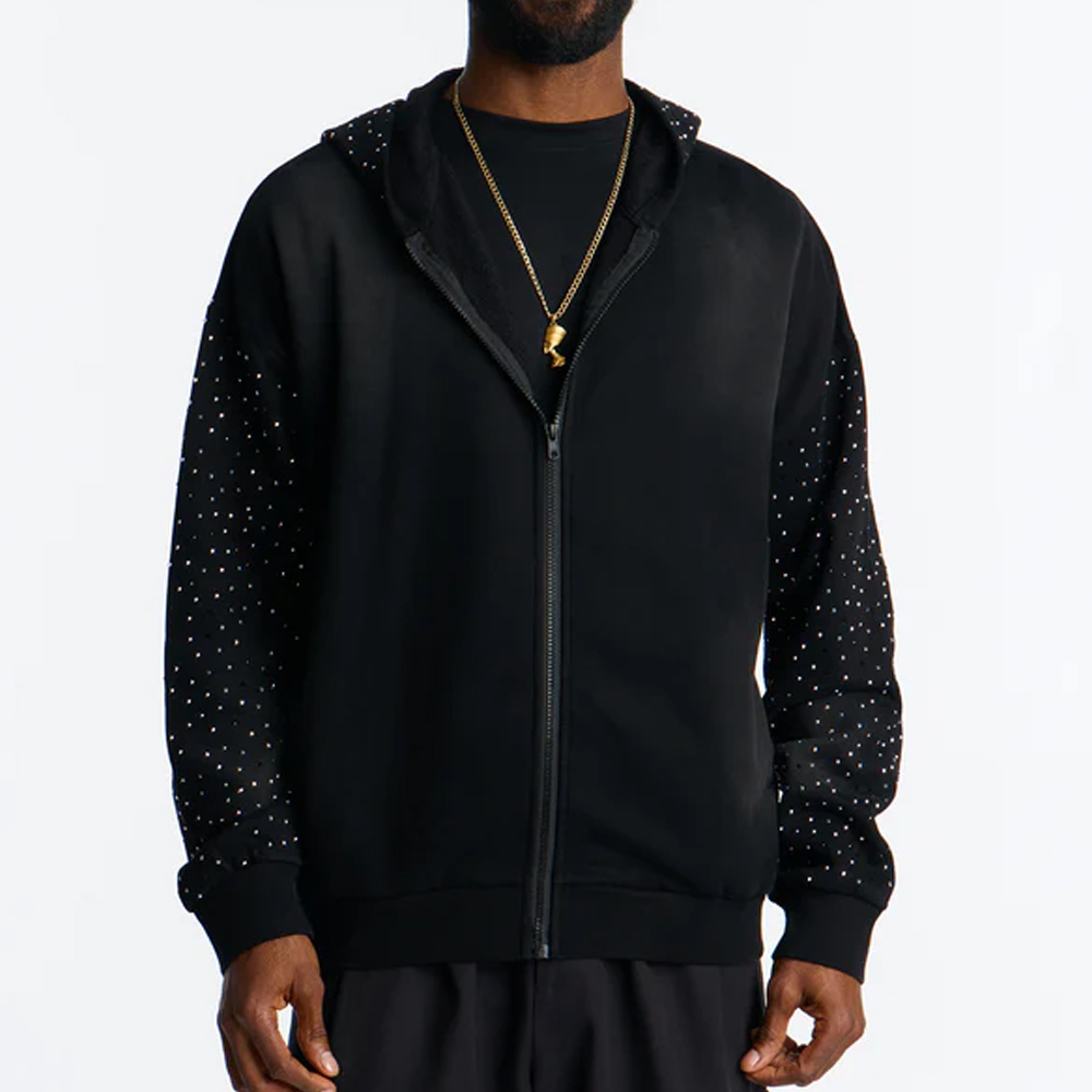 City Code Embellished Zip Up Hoodie – Black
