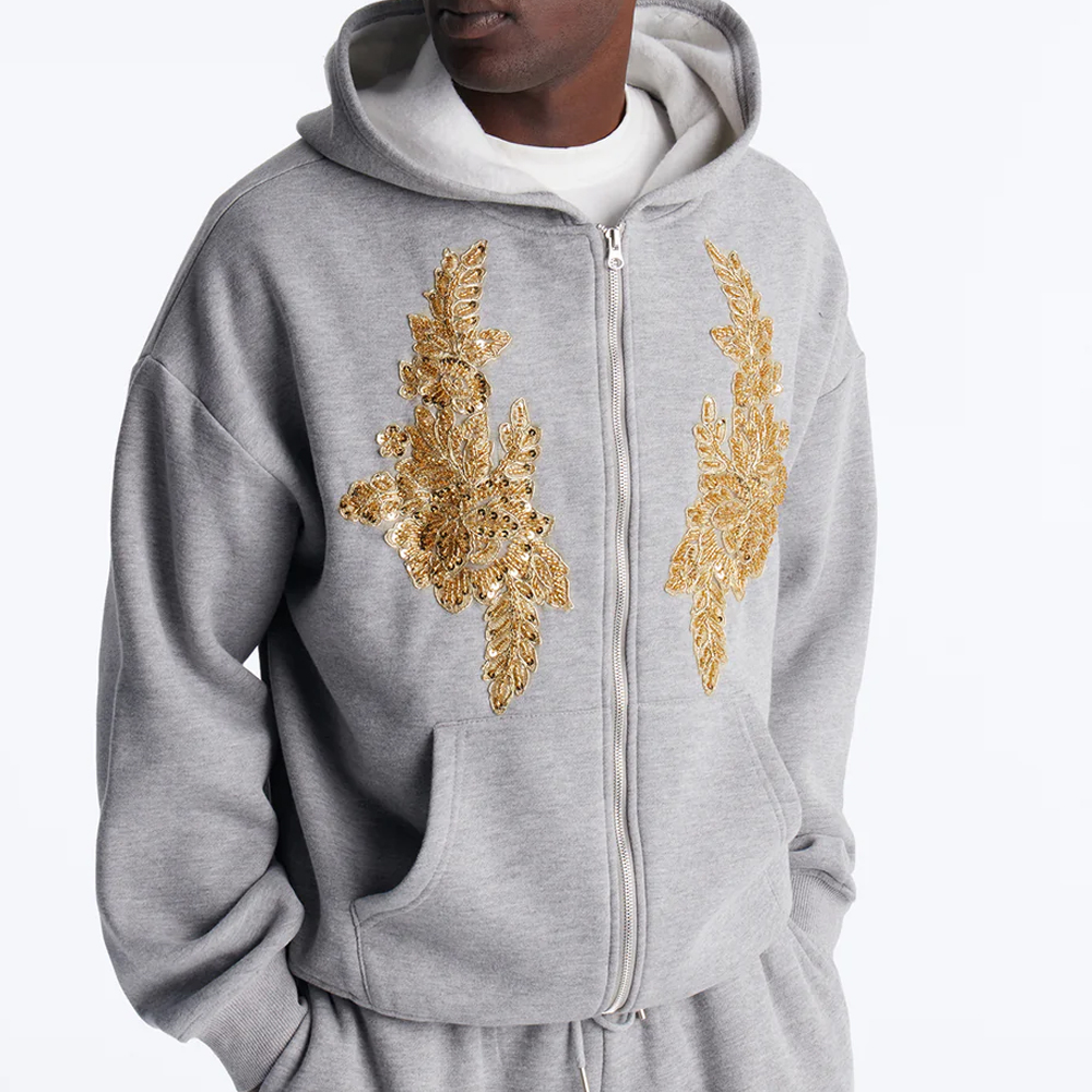 Oversized Rogue Sequin Applique Zip Up Hoodie – Grey