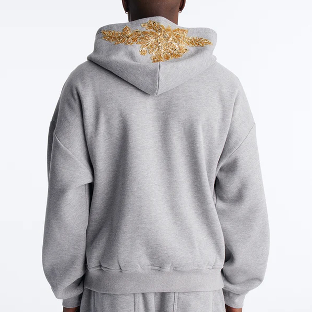 Oversized Rogue Sequin Applique Zip Up Hoodie – Grey